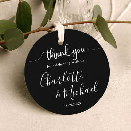 モダンでエレガントなブラック＆ホワイトのウェディング感謝メッセージ フェイバータグ