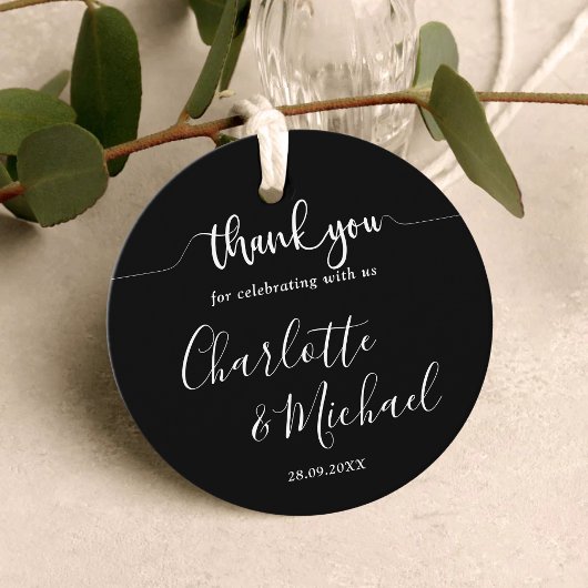 モダンでエレガントなブラック＆ホワイトのウェディング感謝メッセージ フェイバータグ