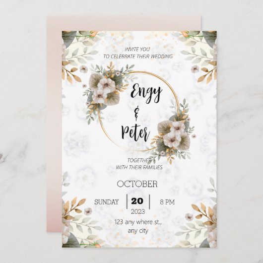 モダンでエレガントなベージュとグリーンの結婚式招待状 招待状 (正面/裏面)