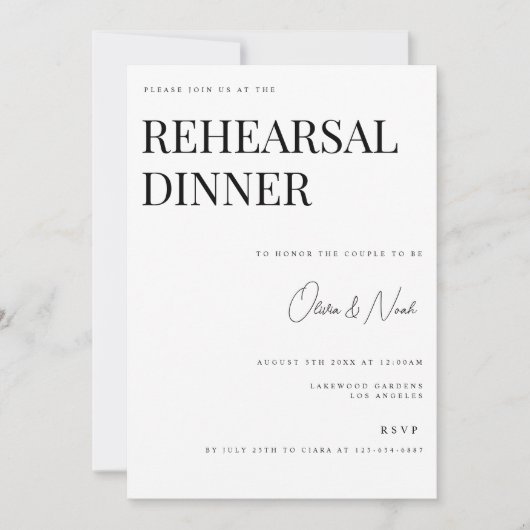 モダンでエレガントなホワイトのリハーサルディナーカード 招待状 (正面)