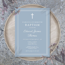 モダンでエレガントなボーダー ダスティーブルーの洗礼 招待状