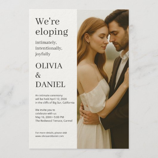 モダンでエレガントなミニマルな写真付きの結婚式の逃避行の招待状 招待状 (正面)