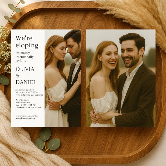 モダンでエレガントなミニマルな写真付きの駆け落ち発表 招待状