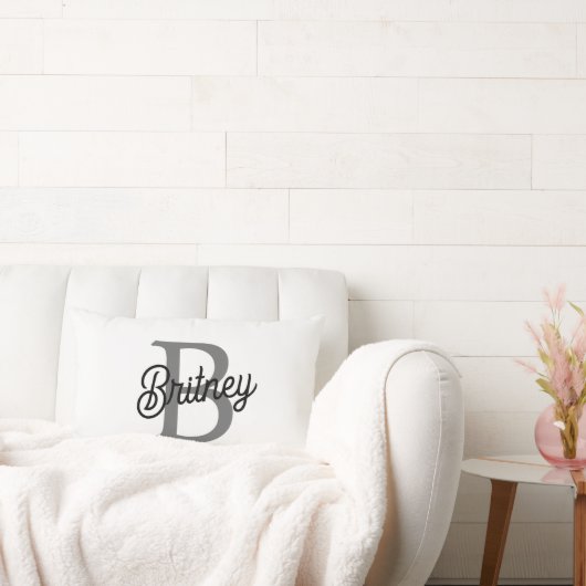 モダンでエレガントなモノグラム名 ブラック グレー スクリプト ランバークッション (ソファ)