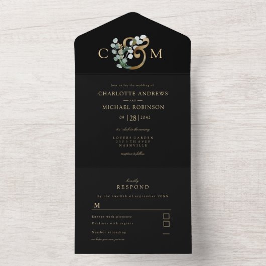 モダンでエレガントなユーカリとアンパサンドのウェディング オールインワン招待状 (内側)