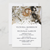 モダンでエレガントなリングと花のクラシックな結婚式 招待状 (正面)