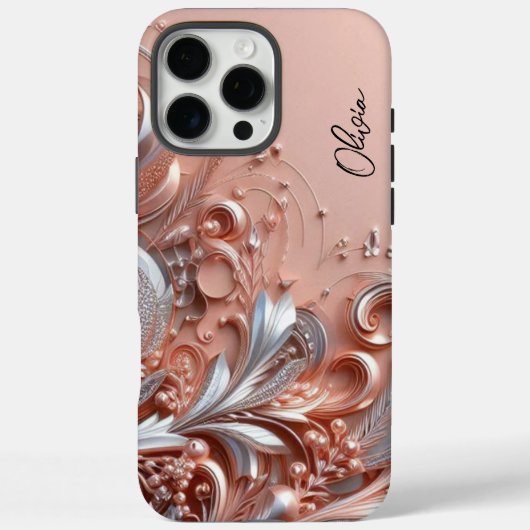 モダンでエレガントなローズゴールドシルバーの装飾的な花模様 Case-Mate iPhoneケース (裏面)