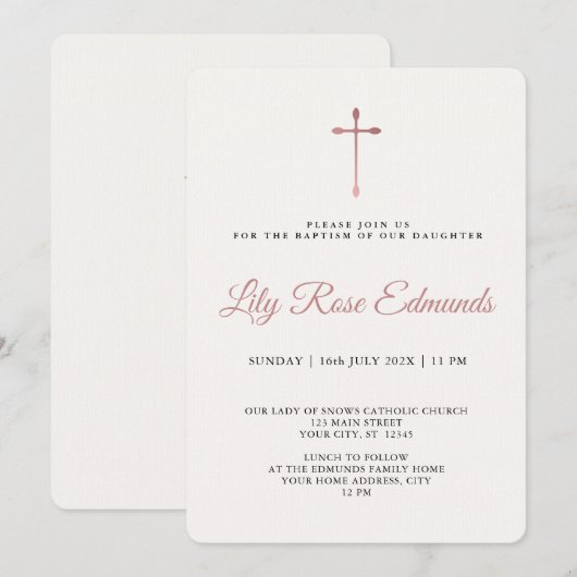 モダンでエレガントなローズゴールド＆ブラックの洗礼式案内 招待状 (正面/裏面)