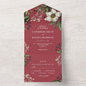 モダンでエレガントなヴィンテージ ダークレッドのクリスマスローズ オールインワン招待状 (内側)