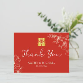 モダンでエレガントな中国の結婚式の花模様の赤色の文字体デザイン サンキューカード