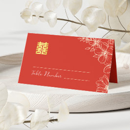 モダンでエレガントな中国の結婚式フラワースクリプト赤 プレイスカード