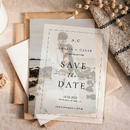 モダンでエレガントな写真フレーム付き結婚式のSave the Date ベラム紙招待状