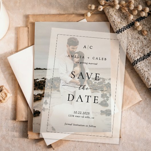 モダンでエレガントな写真フレーム付き結婚式のSave the Date ベラム紙招待状