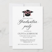 モダンでエレガントな卒業帽 ピンクの蝶ネクタイ 卒業式 招待状 (正面)