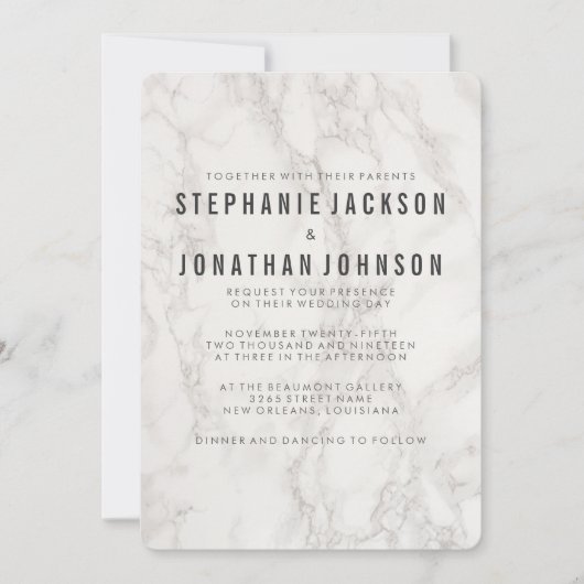 モダンでエレガントな大理石の結婚式のお祝い 招待状 (正面)