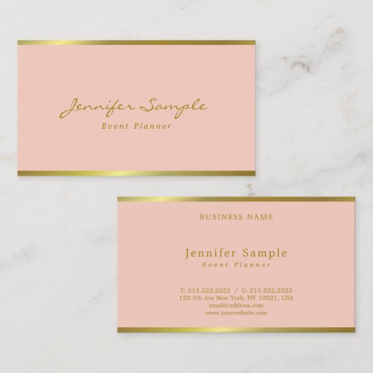 モダンでエレガントな手の原稿のピンクの金ゴールドのイベントプランナー 名刺 (正面/裏面)