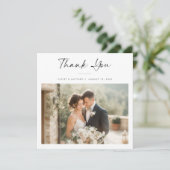モダンでエレガントな手書きの結婚式フォトスクエア サンキューカード (スタンド正面)