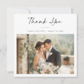 モダンでエレガントな手書きの結婚式フォトスクエア サンキューカード (正面)
