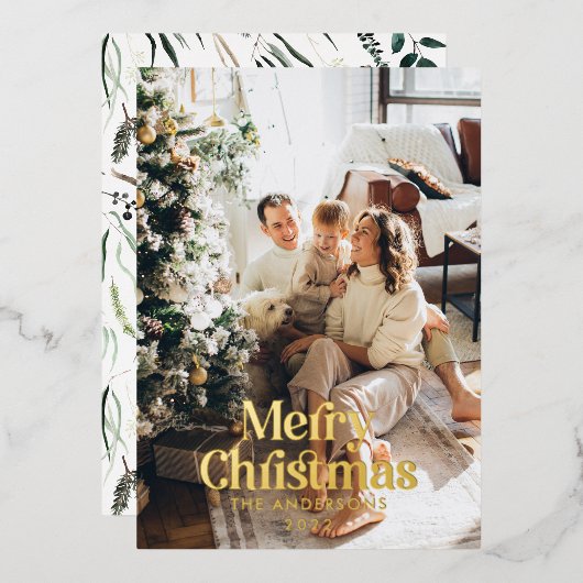 モダンでエレガントな植物学のタイポグラフィーの写真 シック 箔シーズンカード (正面/裏面)