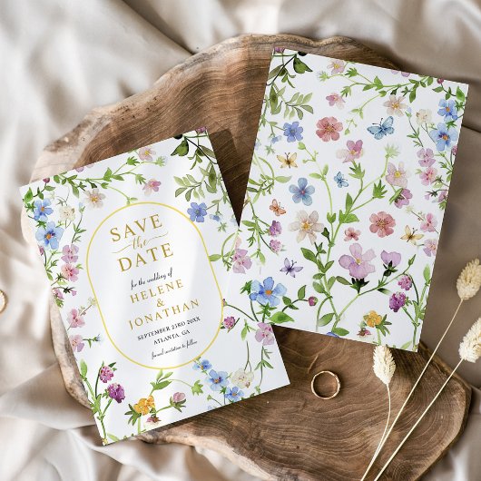 モダンでエレガントな水彩のワイルドフラワー ウェディング セーブザデート