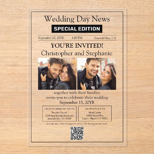 モダンでエレガントな現代新聞の結婚式 アクリル招待状 (正面)