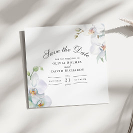 モダンでエレガントな白い蘭の結婚式お知らせカード セーブザデート