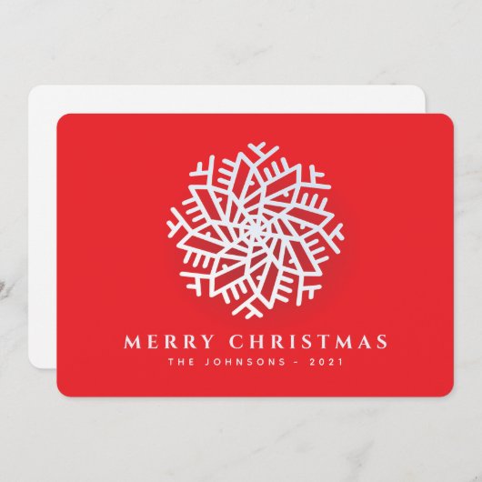 モダンでエレガントな白い雪の結晶(赤背景) シーズンカード (正面/裏面)