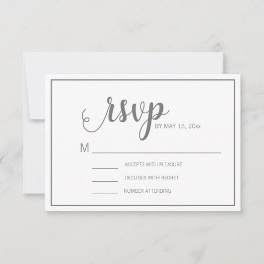 モダンでエレガントな白とグレーの結婚式RSVP 出欠カード (正面)