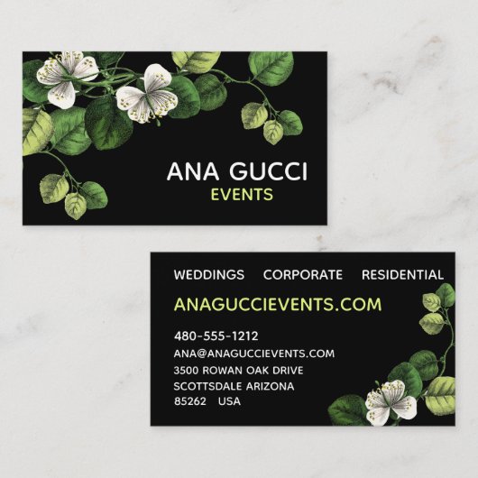 モダンでエレガントな白黒の緑の植物の花柄 名刺 (正面/裏面)