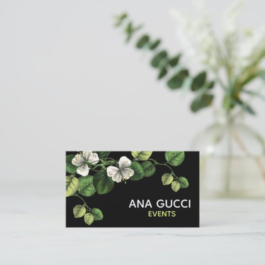 モダンでエレガントな白黒の緑の植物の花柄 名刺 (スタンド正面)
