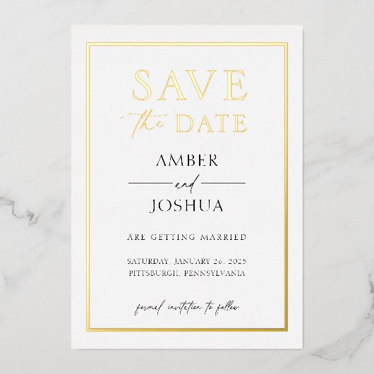 モダンでエレガントな箔押し結婚式のSave the Date 箔招待状 (正面)