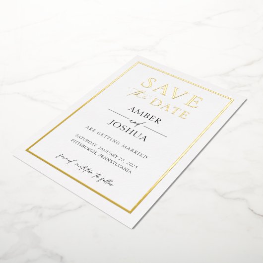 モダンでエレガントな箔押し結婚式のSave the Date 箔招待状 (回転した状態)