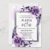 モダンでエレガントな紫と銀の花をあしらった結婚式 招待状 (正面)