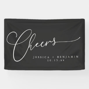 モダンでエレガントな結婚式にぴったりな「Cheers」ブラックスクリプトウェディングバナー 横断幕