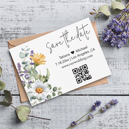 モダンでエレガントな結婚式のQRコード入りお花のSave the Date ノートカード