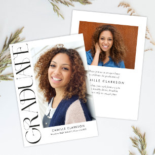 モダンでエレガントな縦型の2枚の写真を使った卒業式の案内 招待状