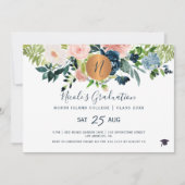 モダンでエレガントな花のゴールドネイビー卒業パーティー 招待状 (正面)