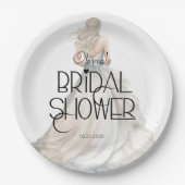モダンでエレガントな花嫁がウェディングドレスを着たブライダルシャワーのデザイン ペーパープレート (正面)