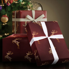 モダンでエレガントな赤と金のトナカイ クリスマス ラッピングペーパー
