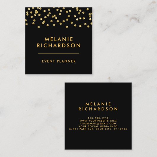 モダンでエレガントな金ゴールドのグリッターおよび黒 スクエア名刺 (正面/裏面)