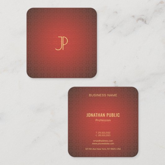 モダンでエレガントな金ゴールドのモノグラムの赤いテンプレートの贅沢 スクエア名刺 (正面/裏面)