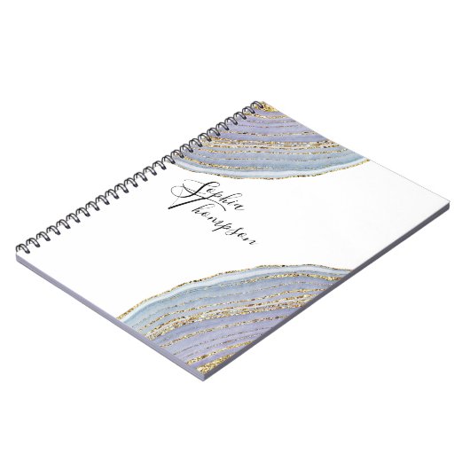 モダンでエレガントな金ゴールドのラベンダーのGeodeの瑪瑙のノート ノートブック (左側)