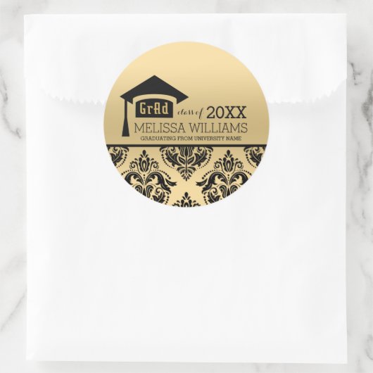 モダンでエレガントな金ゴールド及び黒いダマスク織の2016年の卒業 ラウンドシール (バッグ)