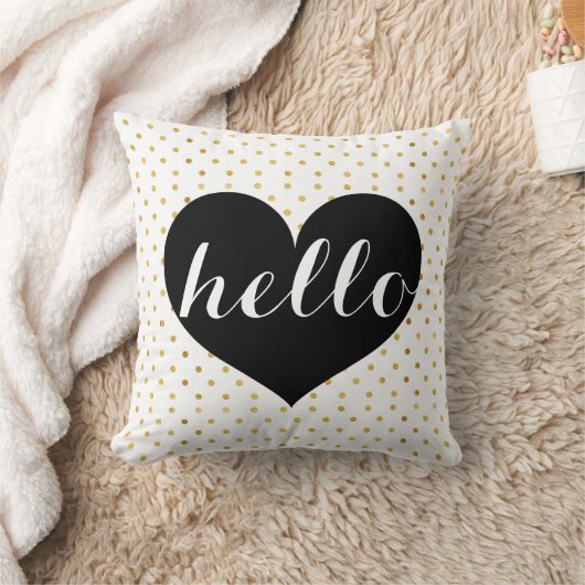 モダンでエレガントな金ゴールド及び黒のこんにちはハートのカスタム クッション (ブランケット)