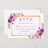 モダンでエレガントな金ゴールド紫色の花の結婚RSVP 出欠カード (正面/裏面)