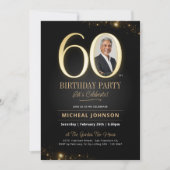 モダンでエレガントな黒とゴールドの60歳の誕生日 招待状 (正面)