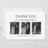 モダンでエレガントな黒と白の3枚の写真の結婚式 サンキューカード (正面)