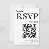 モダンでエレガントな黒と白のQRコード ウェディングRSVP 出欠カード (正面)