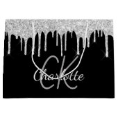 モダンでエレガントな黒のシルバー モノグラム 名前 ラージペーパーバッグ (正面)