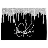 モダンでエレガントな黒のシルバー モノグラム 名前 ラージペーパーバッグ (裏面)